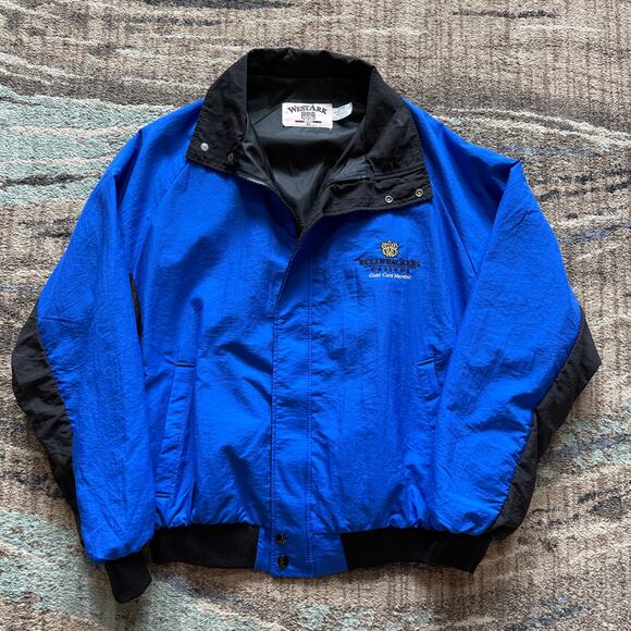 Vintage 90's Bullwhackers Casino Gold Card Member Blue Windbreaker Jacket Sz XL - Picture 1 of 4